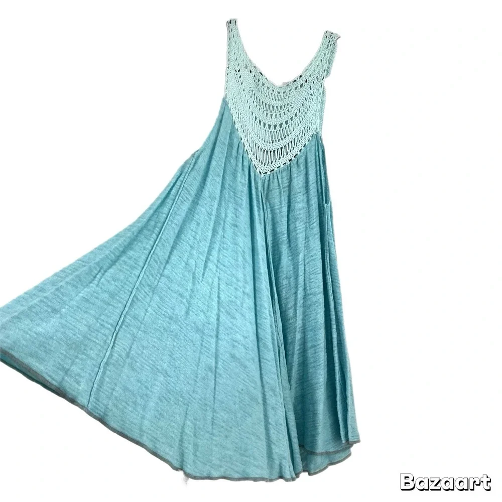 RARE Free People Crochet Beaded Neck Swing Tunic‎ Tank Top Blouse Aqua Blue XS